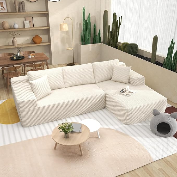 OC Orange-Casual 106.3" Cloud Sectional Couch with L-Shape Chaise,No Assembly Required Modular Sofa,Upholstered Boneless Couches for Living Room, Plush Corduroy Fabric (White, Right Facing Chaise)