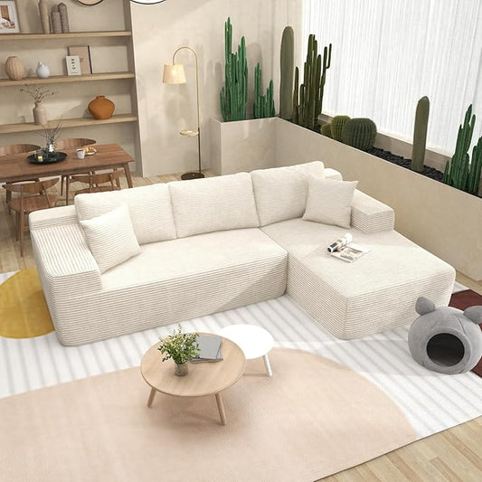 OC Orange-Casual 106.3" Cloud Sectional Couch with L-Shape Chaise,No Assembly Required Modular Sofa,Upholstered Boneless Couches for Living Room, Plush Corduroy Fabric (White, Right Facing Chaise)
