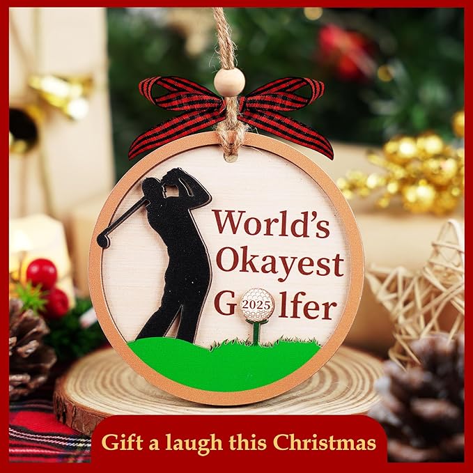 World's Okayest Golfer 2025 Christmas Ornaments - 2 Layer Wooden Christmas Ornament for Tree - Funny Golf Player Holiday Tree Decoration- Golf Gifts for Golfers – Unique Golf Christmas Ornament