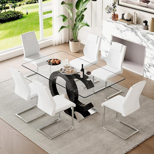 63'' Glass Dining Table Set for 6, Kitchen Table Chairs Set of 6, Clear Glass Dining Table with Black unique design Leg and Silver Metal Base, 6 PU Dining Chairs with Metal Legs, Living Room, Kitchen.