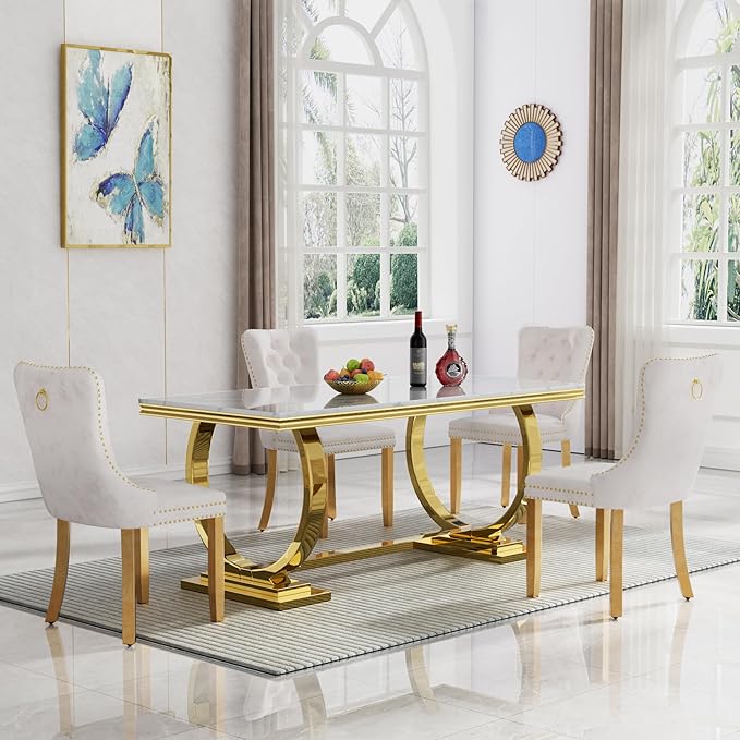 5 Piece Marble Dining Table Set for 4, Luxury White Marble Gold Kitchen Table with 4 Beige Velvet Upholstered Chairs, Modern 4 Person Dining Room Table Set for Kicken Dining Office Room