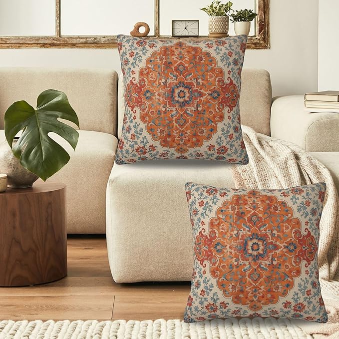 Blue Orange Boho Floral Pillow Covers 20x20 Inch Set of 2 Fall Bohemian Vintage Carpet Pattern Decorative Outdoor Throw Pillows Farmhouse Decor Cushion Covers for Sofa Bed Couch Living Room