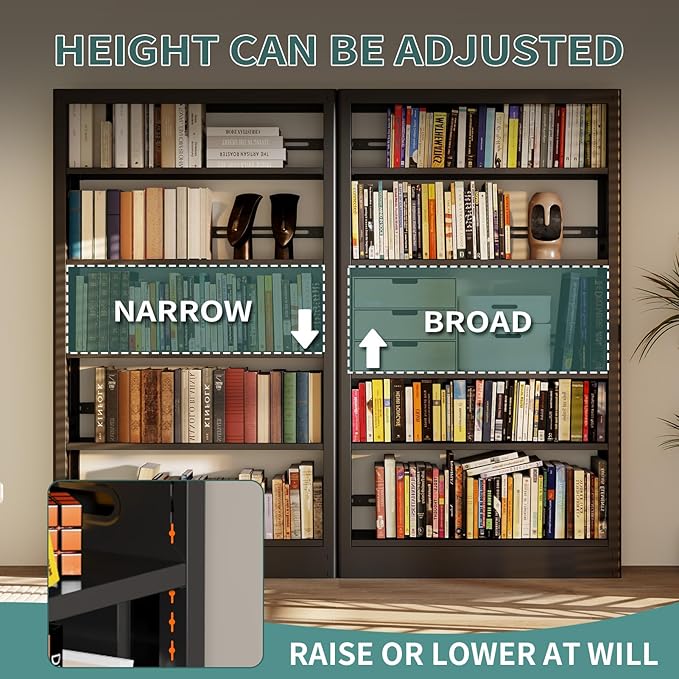 71" Metal Book Shelf, 5 Tier Bookshelf with Adjustable Shelves, Bookshleves and Bookcases, Heavy Duty Library Book Case, Expandable Combination Bookshelf (Black, 108.3" W)