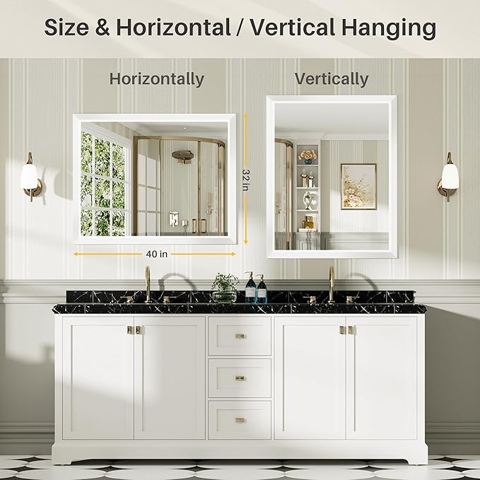 40x32 Inch White Bathroom Mirror for Wall, Thick Metal Framed Rectangle Mirrors for Over Sink, Bedroom, Living Room, Entryway, Anti-Rust, HD Tempered Glass