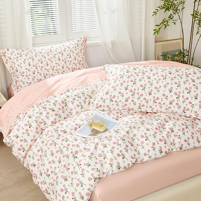 SAPHREAS Pink Bellflower Duvet Cover Set Full Size 3pcs Garden Style Blossom Floral Bedding Comforter Cover Set 100% Cotton 1 Duvet Cover 90"x80" 2 Pillow Shams, Comforter Not Included