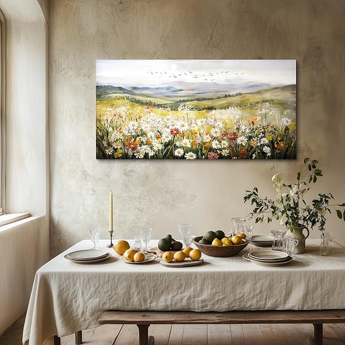SERIMINO Nature Landscape Wall Art, Mountain Daisy Extra Large Artwork, Wildflower Meadow Rustic Home Decor Art Prints, French Country Aesthetic Paintings Wall Decor Living Room Dining Room 30X60 Inch