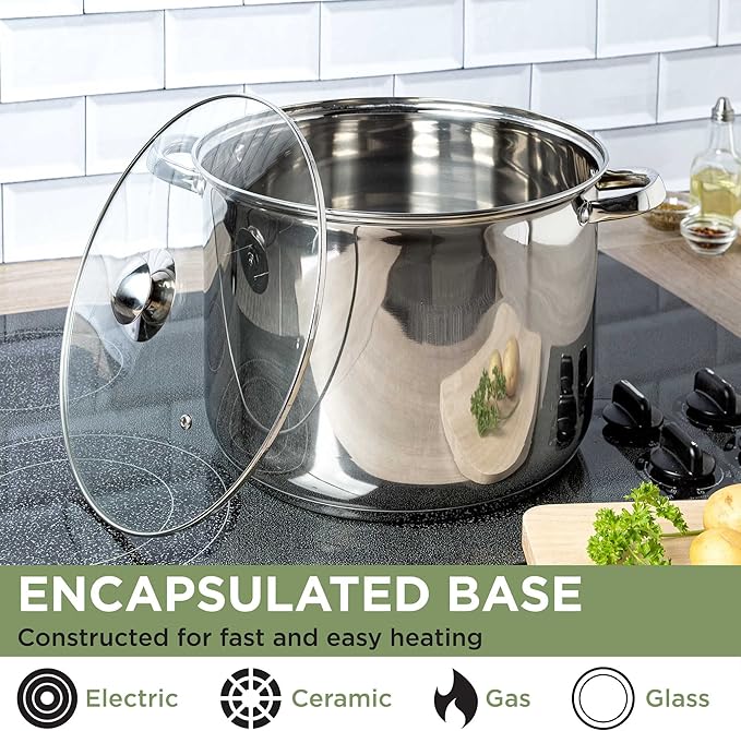 Ecolution Pure Intentions Stock Pot - Features Tempered Glass Lid, Keep Cool Handle, and Encapsulated Bottom - Oven Safe - Curbside Recyclable Stainless Steel - 16 Quarts