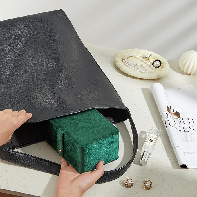 Velvet Small Jewelry Box for Women Girls, Double Layers Travel Portable Jewelry Case for Ring, Pendant, Earring, Necklace, Bracelet Organizer Storage Holder Boxes, Green