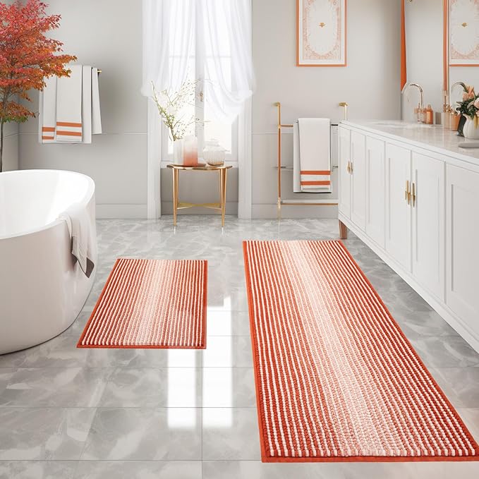 Bathroom Rugs and Mats Sets, 2 Piece Thick Absorbent Chenille Bath Mat Rug Set Non Slip, Soft Shaggy Bath Room Floor Mats for Bathroom, Machine Washable (Sunset Orange, 24" x 70" Plus 20" x 32")