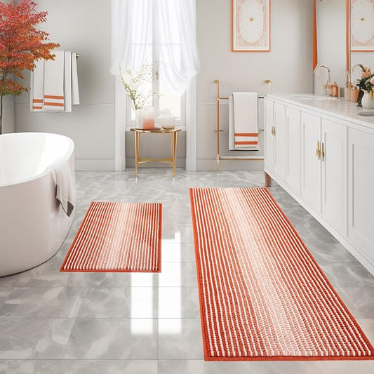 Bathroom Rugs and Mats Sets, 2 Piece Thick Absorbent Chenille Bath Mat Rug Set Non Slip, Soft Shaggy Bath Room Floor Mats for Bathroom, Machine Washable (Sunset Orange, 24" x 70" Plus 20" x 32")
