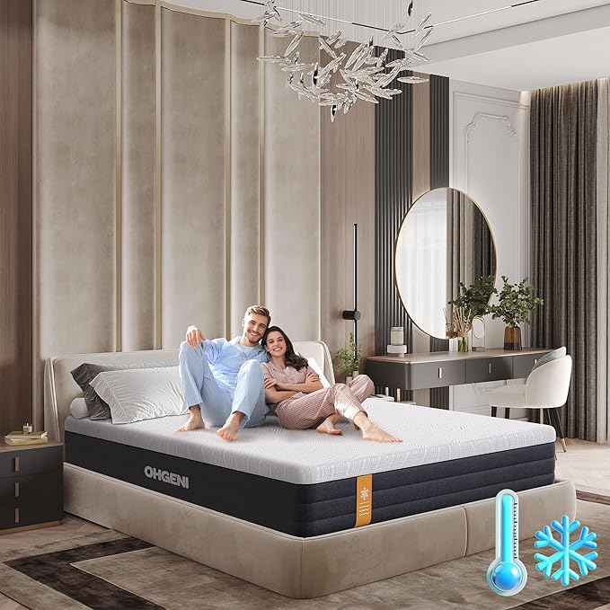 OhGeni 10 Inch King Size Mattress, Cooling Gel Memory Foam Bed Mattresses in a Box, Cool Touch Surface, Medium Feel, Ergonomic Support & Pressure Relief, CertiPUR-US Certified Foam, Designed in USA