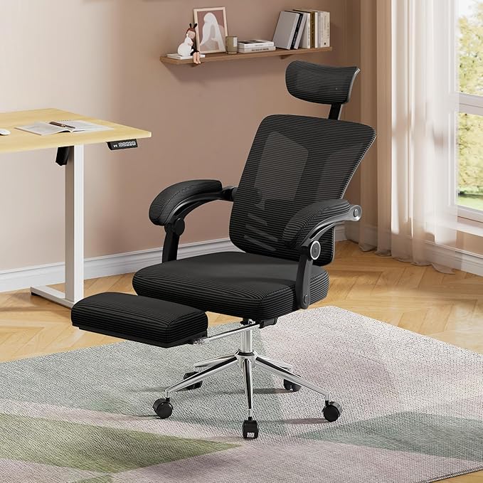 DEVAISE Ergonomic Mesh Office Desk Chair with Footrest, Comfrotable Big and Tall Reclining Computer Chair with Adjustable Lumbar Support, Backrest Adjustable, High Back SGS Class 4 Gas Lift, Black