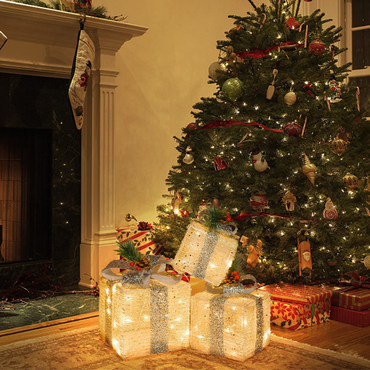 COVFEVER Christmas Lighted Gift Boxes, Pre-lit Lights Gold Linen Cloth Gift Boxes, Light up Present Boxes Set Battery Operated with Different Sizes for Holiday Indoor Outdoor Decorations (Gold Liene)