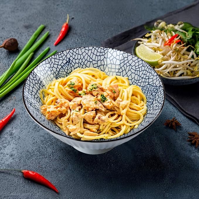 38 oz Japanese Ramen Bowl Set of 6 - Large 8 Inch Ceramic Soup Bowls, Blue and White Japanese Noodle Bowls for Pho, Ramen, and Salad - Leaf Patterns