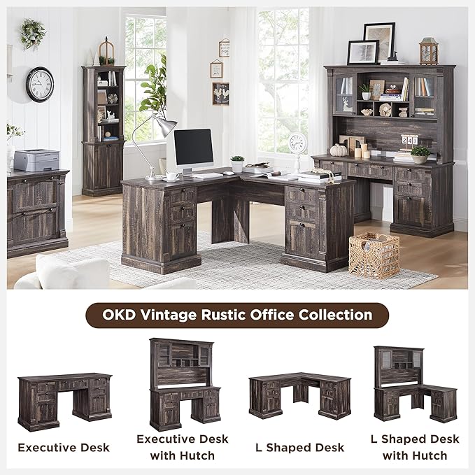 OKD 60" L Shaped Executive Desk with Hutch and Drawers, Farmhouse Home Office Desk with Charging Station, File Cabinet Storage, Wood Corner Computer Desk for Work and Study, Dark Rustic Oak