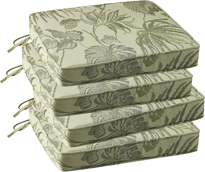 Outdoor Square Corner Seat Cushion, 19"x19"x3", Set of 4, Non Slip Seat Cushion Pads with Removable Cover for Patio Furniture, Garden Yard Lawn, Dark Green Vine
