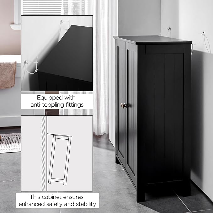 Yaheetech Bathroom Floor Cabinet, Modern Storage Freestanding Organizer Cabinet with Adjustable Shelves & Double Doors, 3-Tier Home Living Room Furniture, Black