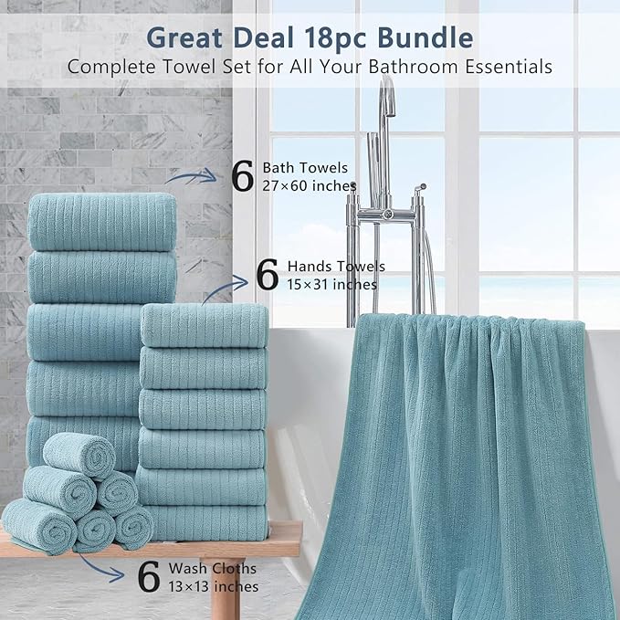 18 Piece Bath Towels Set,Soft Family Bathroom Towel Set with Hanging Loops-6 Bath Towels,6 Hand Towels,6 Washcloths,Highly Absorbent Quick Dry Shower Towel for Bathroom,Hotel,Spa-Turquoise Towel Set