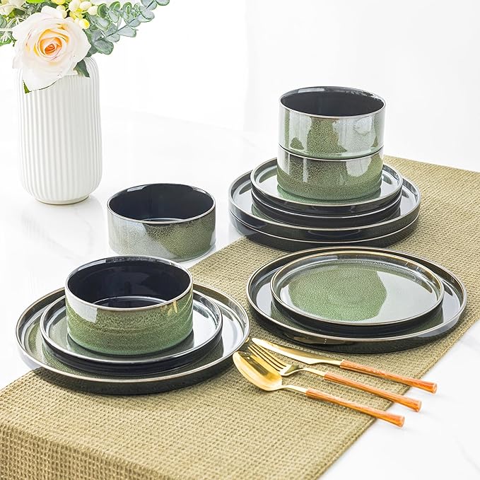 LERATIO Ceramic Dinnerware Sets for 4,Round Reactive Glaze Ceramic Plates and Bowls Set,Highly Chip and Crack Resistant | Dishwasher & Microwave Safe Dishes Set,Service for 4 (12pc)-Green