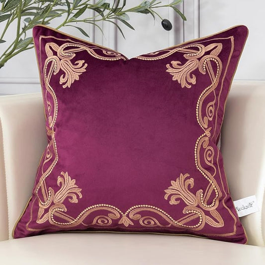 Aeckself Floral Pillow Cover 24x24 Inch, Large Luxury Velvet Embroidered Decorative Accent Throw Pillow Cover for Couch Bedroom Living Room, Burgundy Red and Gold, Yw-OBYG-Red6060