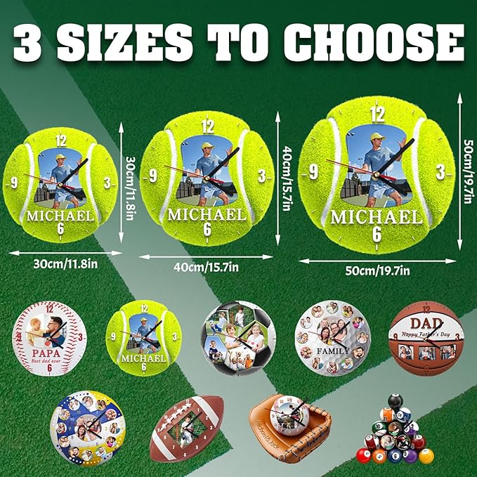 Custom Wall Clock, Personalized Clocks with Picture, Customized Silent Sports Ball Clock for Living Room Kids Bedroom, Birthday Tennis Style