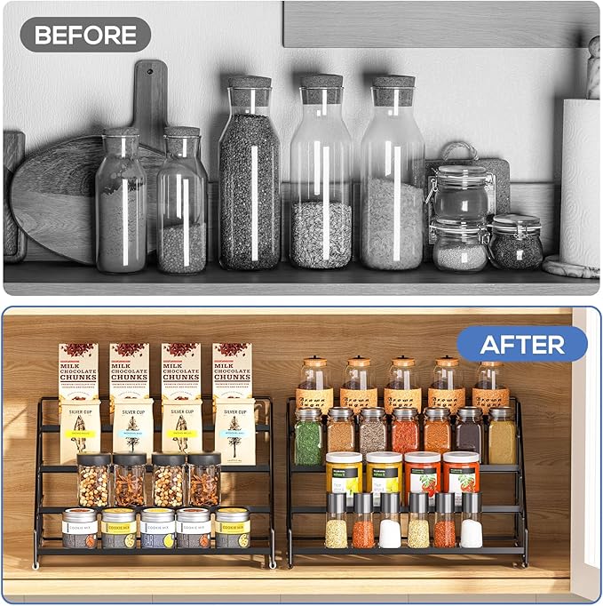 Spice Rack Organizer for Cabinet, 4 Tiered Spice Rack Organizer, Tiered Adjustable Spice Shelf for Kitchen Countertop Pantry Organization (Bright Black)