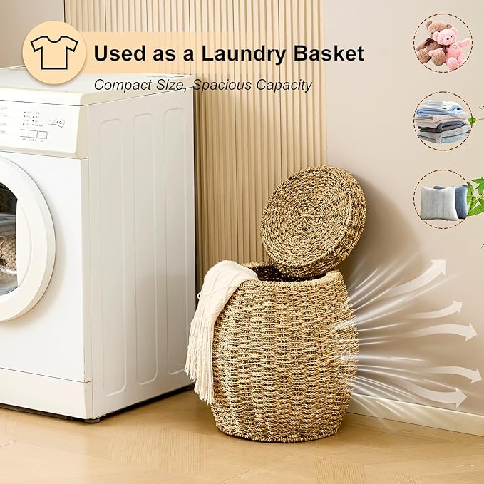 Round Wicker Basket with Lid, Handwoven Seagrass Storage Basket, Blanket Organizer Basket for Laundry, Bathroom, Bedroom, Living Room, Office
