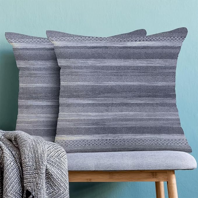 Boho Blue Stripe Throw Pillow Covers 18x18 Inch Set of 2, Rustic Abstract Decorative Throw Pillow Covers Retro Stripe Neutral Outdoor Cushion Cover for Sofa Couch Farmhouse Room Bed Decor