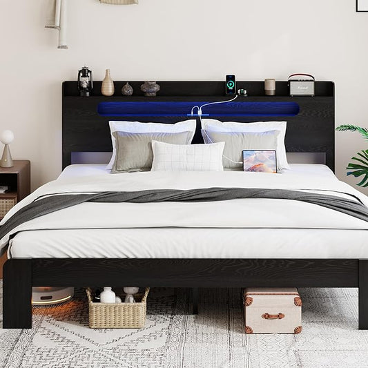Wooden King Size Bed Frame with Storage Headboard, Farmhouse Platform Bedframe with Charging Station & Led Lights, Sturdy Wood Slat Framework, Easy Assembly (Rustic Black, King)
