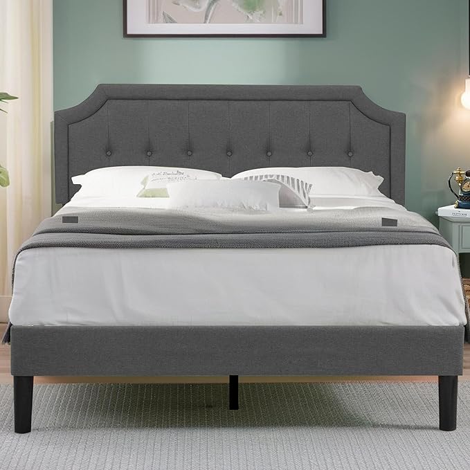 VECELO Full Upholstered Platform Bed Frame with Adjustable Button Stitched Panel Headboard,Strong Wood Slat Support,Velcro Design,Mattress Foundation/Easy Assembly,Grey