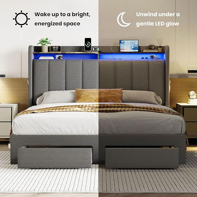 SHA CERLIN Queen Platform Bed Frame with Vertical Channel Tufted Wingback Headboard & 2 Storage Drawers/2-Tier Shelves with LED Lights & Charging Station/Noise-Free/No Box Spring Needed/Dark Grey