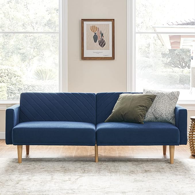 mopio 76.8" Futon Sofa Bed, Small Couch, Sleeper, Loveseat, Mid Century Modern Futon Couch, Sofa Cama, Couches for Living Room (Classic Blue Velvet)