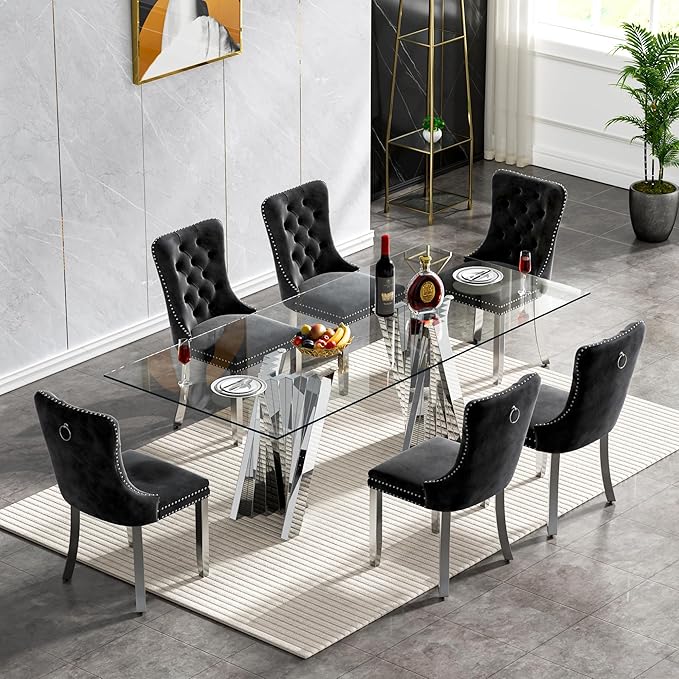 7 Piece Dining Table Set with 6 Black Dining Chairs, Modern Glass Kitchen Table and Chairs Set for 6, 70" Rectangle Silver Glass Pedestal Dining Room Tables with Flash-Shape Stainless Steel Base
