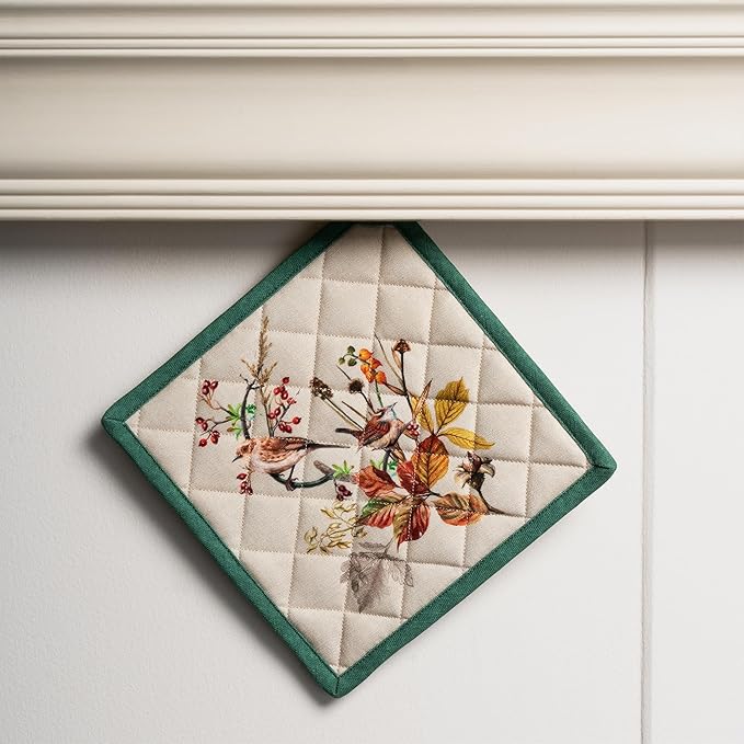 Maison d' Hermine Pot Holders 100% Cotton Heat Resistant Potholders 8" x 8" Hot Pads with Loop for Thanksgiving Christmas Decorations BBQ Cooking Baking Handling Hot Pans (Pack of 1, Recolte)