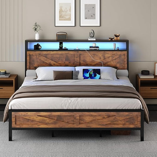 King Bed Frame with LED Lights and Charging Station, Metal Platform Bed King Size with 2-Tier Rustic Barn Door Storage Headboard, Noise-Free, No Box Spring Needed, Easy Assembly, Rustic Brown