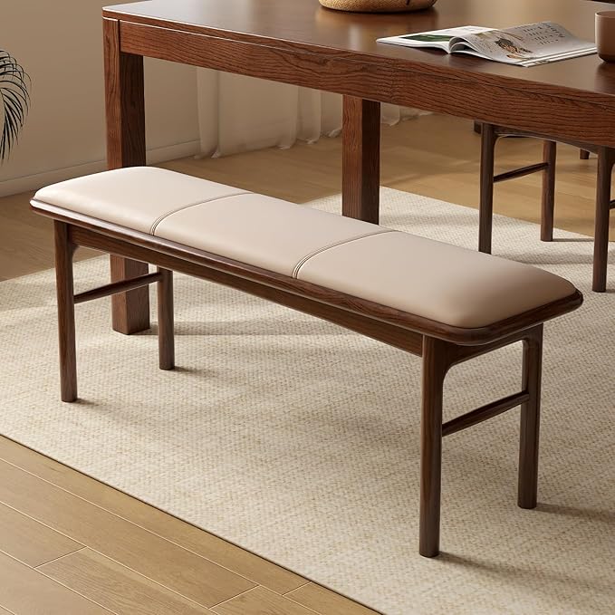 47.2'' Leather Upholstered Dining Bench with 100% Solid Oak Wood Bench Frame, Padded Bed End Bench Ottoman for Kitchen Living Room Bedroom Entryway, Champagne