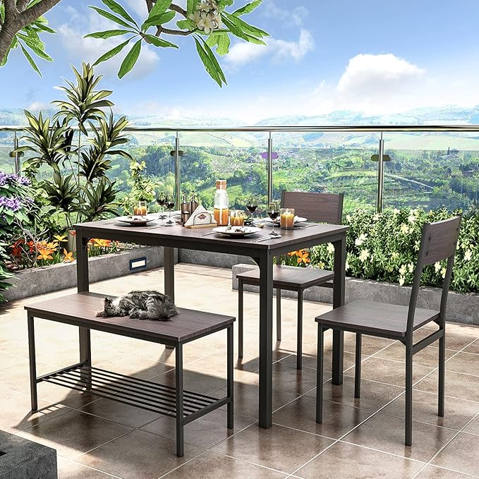 soges Dining Table Set for 4, 43.3 inch Kitchen Table Set with Chairs and Bench, 4 Piece Dining Room Table Set for Small Space, Apartment, Restaurant, Rustic Oak