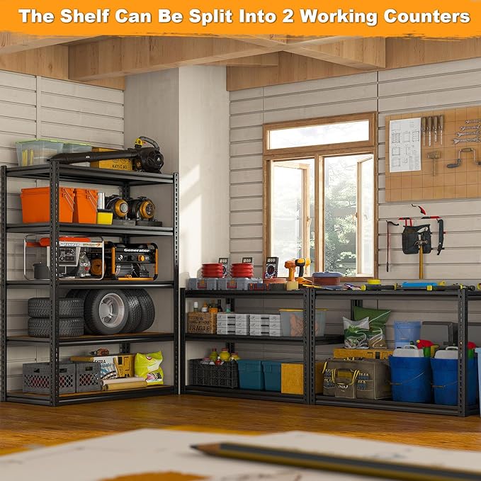 REIBII Garage Shelving 2500LBS Storage Shelves Adjustable Metal Shelving Heavy Duty Shelving 65.7" H Metal Shelves for Pantry Kitchen 15.35" D x 33.85" W x 65.74" H Black