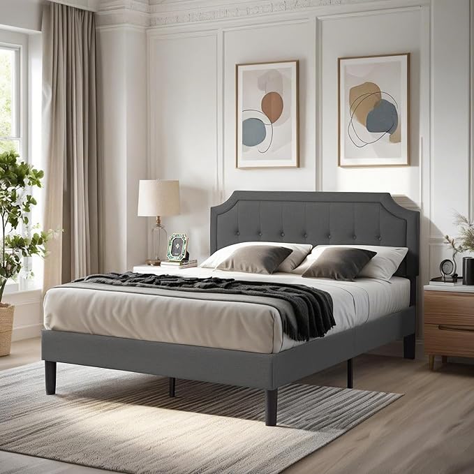 VECELO Full Upholstered Platform Bed Frame with Adjustable Button Stitched Panel Headboard,Strong Wood Slat Support,Velcro Design,Mattress Foundation/Easy Assembly,Grey