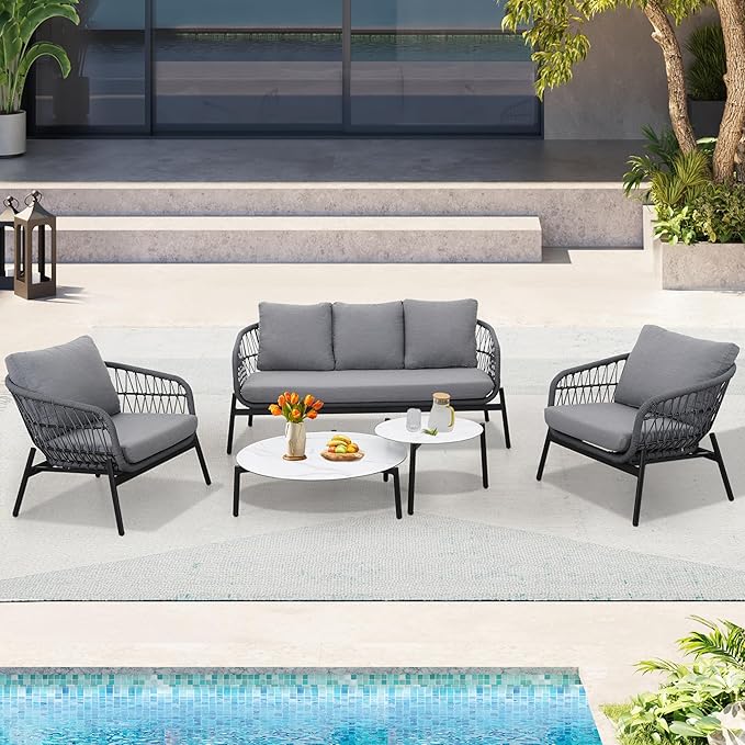 Wisteria Lane Boho Patio Furniture, 5 Piece Outdoor Furniture Set with Rope Woven Design, Rope Sofa Chair with Nesting Coffee Table for Garden, Balcony, Porch, Grey