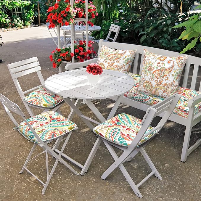 Set of 2 Outdoor Chair Cushions with Ties,Water Repellent Patio Chair Pads 17"x 16" for Outdoor Furniture,Round Corner Seat Cushions for Garden Yard Kitchen Pretty Paisley