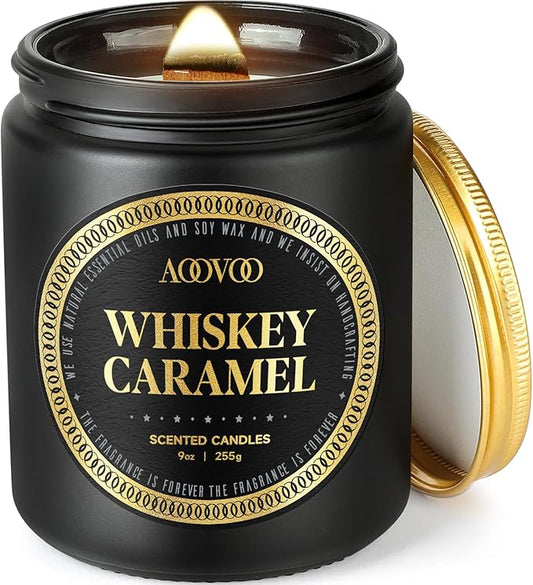 AOOVOO Scented Candles for Men - Premium Whiskey Caramel Candle for Home Scented | Crackling Wood Wick Soy Candles | Strong Fragranced Masculine Black Jar Candle Gift for Women & Men, AO-LZY0157
