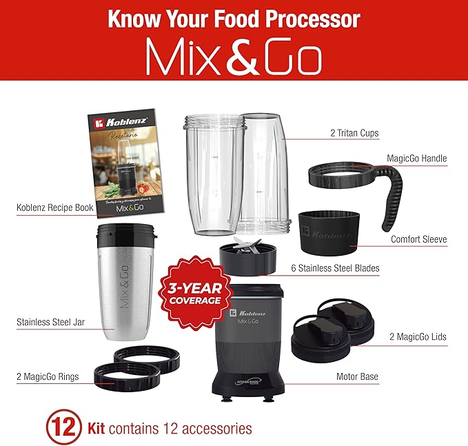 Koblenz Mix&Go Personal Blender, Portable Size Blender for Shakes and Smoothies, 1000w Motor, Includes Stainless Steel To-Go Cup and Tritan To-Go Cup, 12 Accessory Kit, Grey