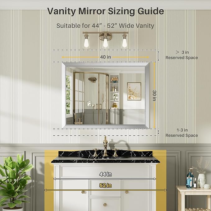 40x30 Inch Silver Bathroom Mirror for Wall, Thick Metal Framed Rectangle Mirrors for Over Sink, Bedroom, Living Room, Entryway, Anti-Rust, HD Tempered Glass