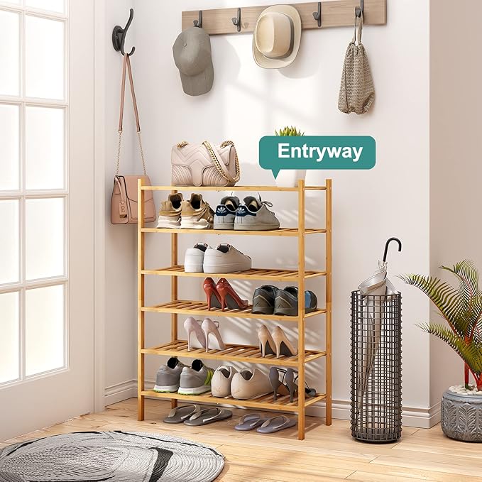 6-Tier Bamboo Shoe Rack for Entryway, Stackable | Foldable | Natural, Shoe Organizer for Hallway Closet, Free Standing Shoe Racks for Indoor Outdoor