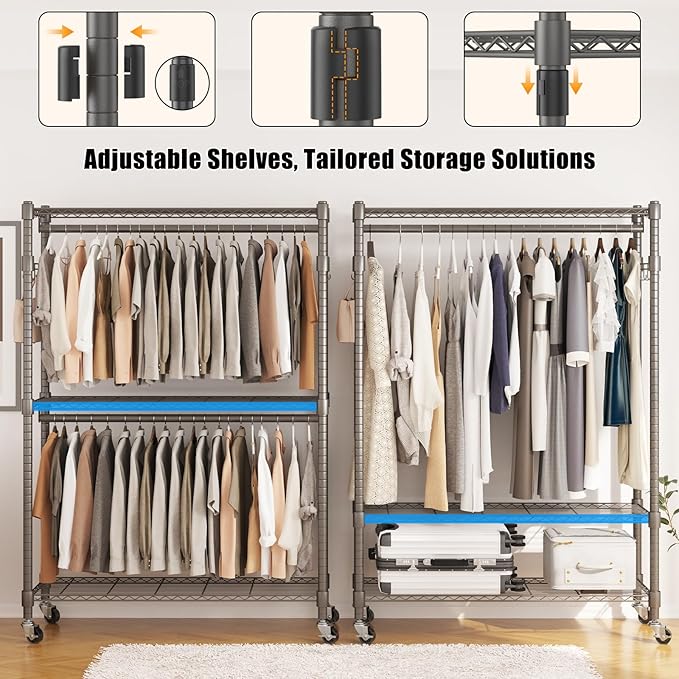 BATHWA Rolling Garment Rack Portable Closet Clothes Rack for Hanging Clothes, Metal Wardrobe Clothing Rack with Wheels and 8 Side Hooks, Double Rods, Adjustable Shelves, Gray