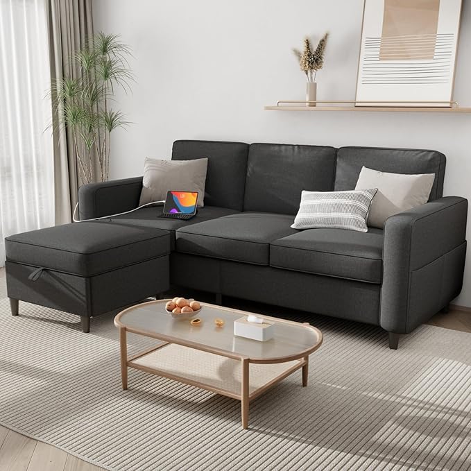 Sectional Couches for Living Room - Deep Seater Couch Living Room-Comfy L Shape Modular Sofa,with Storage Chaise-Washable Covers-Suitable for Living Rooms,Apartments,Rooms and Offices-Dark Gray,USB