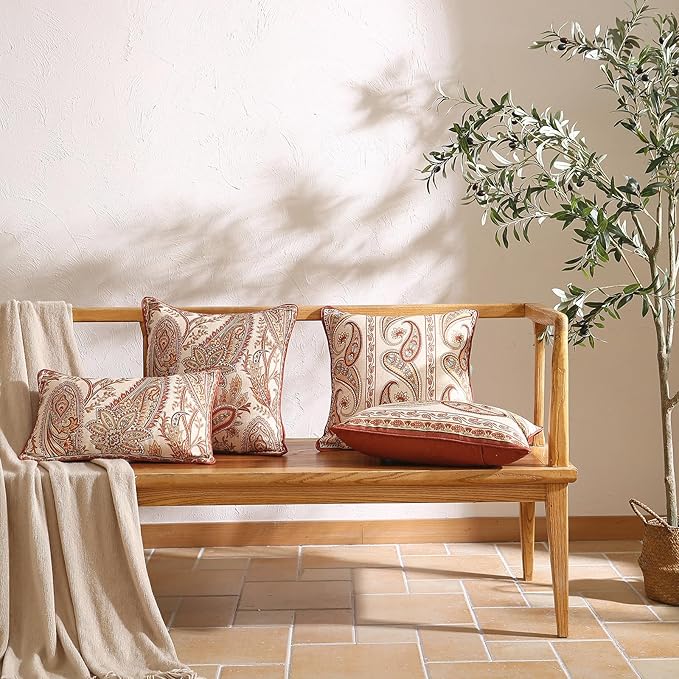 Design Linen Classic Vintage Throw Pillow Covers 18"x18" Pack of 2, Square Cushion Covers with Orange Yellow Paisley Style Pattern Decoration Pillowcases for Bed,Living Room,Outdoor,Car