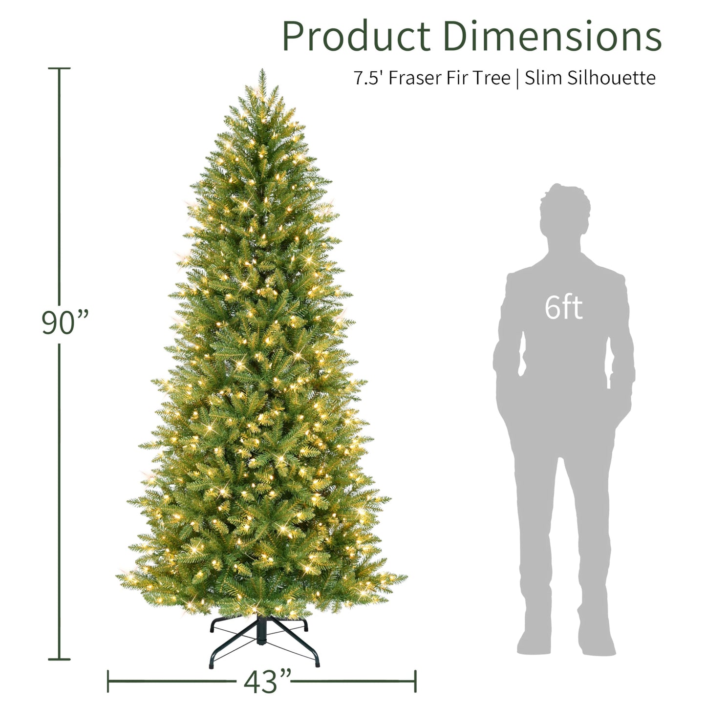 Puleo International 7.5ft Pre-Lit Slim Fraser Christmas Tree with 600 Clear Lights, 1347 Realistic Dense Branch Tips, Easy Setup Artificial Trees with Sturdy Metal Stand