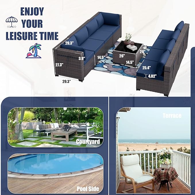 Kurapika 7 Pieces Patio Furniture Set, Rattan Wicker Outdoor Conversation Sets w/4 Inch Cushion and Glass Coffee Table(Navy Blue)